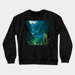 Overlook of a Lush, Misty, Green Temperate Rainforest Canyon Crewneck Sweatshirt